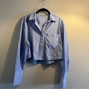 Blue Striped Cropped Button-Up Shirt